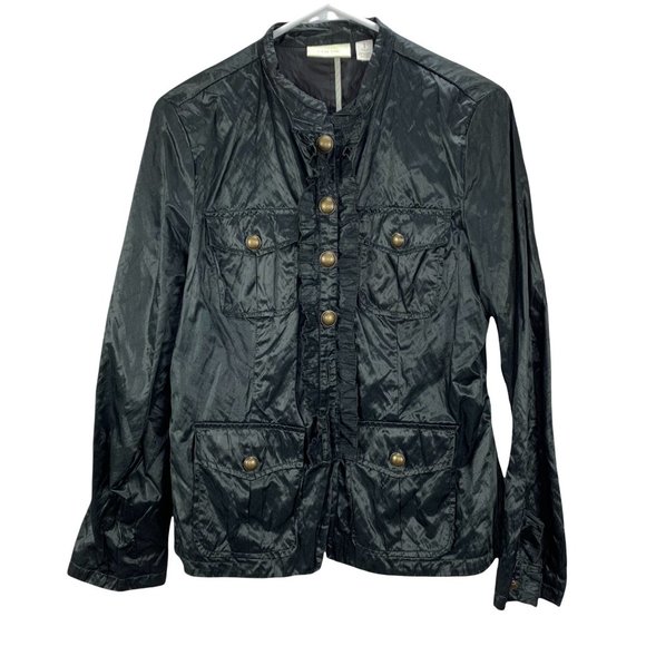 Chicos Jacket Windbreaker Ruffle Front Black size M 8 Vanity sz 1 - Picture 1 of 3
